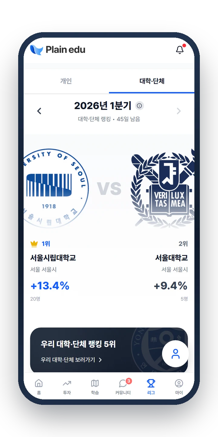 Plain edu 리그 화면: 대학·단체 랭킹과 수익률 비교